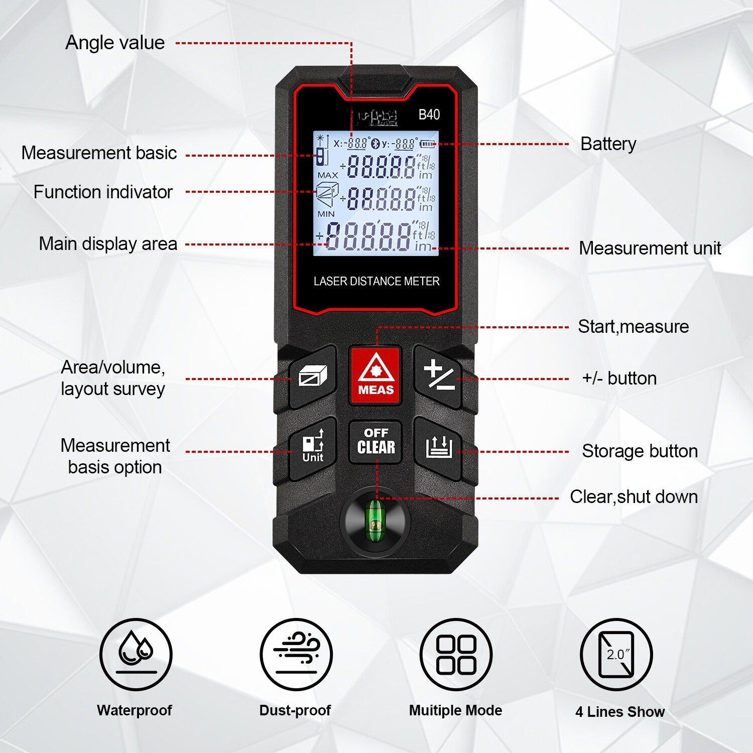 Rechargeable Laser Distance Meter (40m / 80m / 100m) Digital Rangefind ...